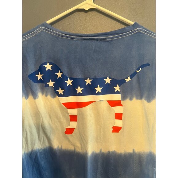 VS PINK White & Blue Tye Dye Tee W Pocket & American Flag Dog On Back Size Small - Picture 6 of 6